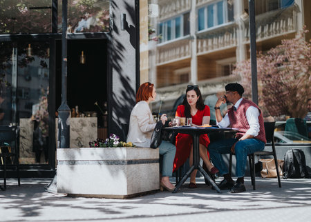 Business partners discussing plans at an outdoor cafe meetingの写真素材