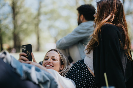 Joyful woman using smart phone in park with friends on a sunny day