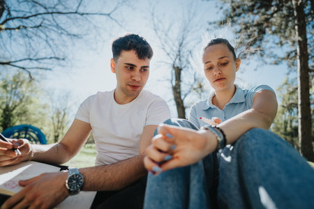 High school students collaborating on homework outdoor on campus