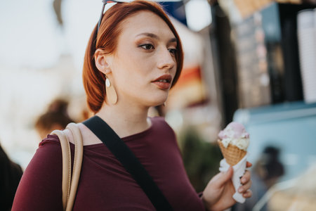 Woman enjoying a delicious ice cream cone on a sunny day outdoors