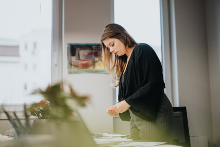 Professional woman sorting documents in a modern office, focused and engagedの写真素材