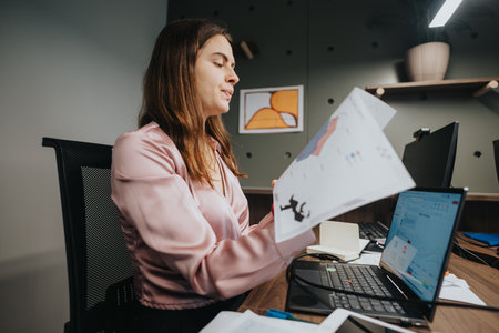 Young businesswoman analyzing financial documents in a modern officeの写真素材