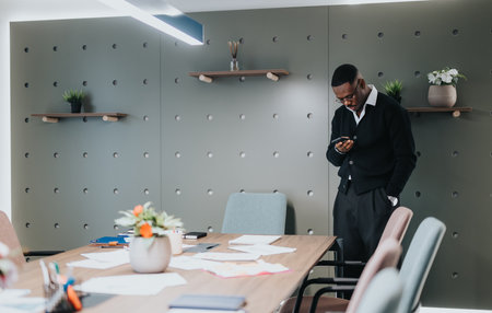 Professional African American businessman checking phone during office meetingの写真素材
