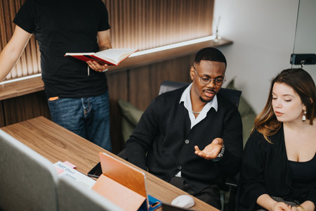 Diverse business team engaged in a collaborative discussion in modern office