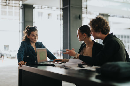 Business meeting with diverse team members discussing work at modern office tableの写真素材
