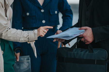 Businesspeople discussing documents outdoors in a professional setting
