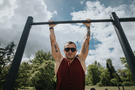 Fit man exercising on pull-up bar in sunny urban park