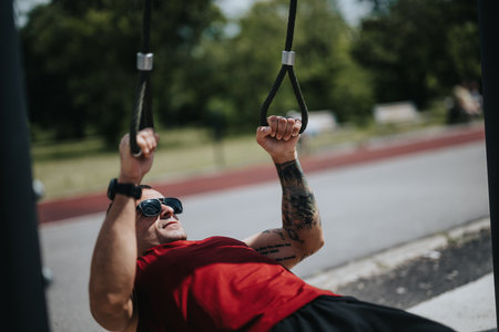 Fit man training on outdoor gym equipment in an urban park during a sunny dayの写真素材