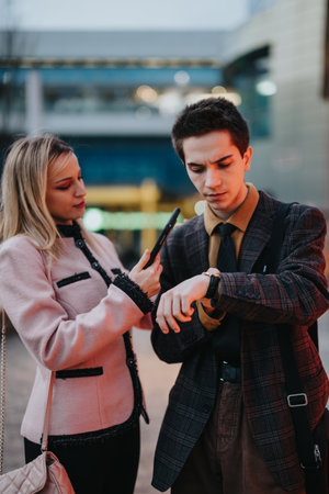 Young business professionals engage in a discussion outdoorsの写真素材