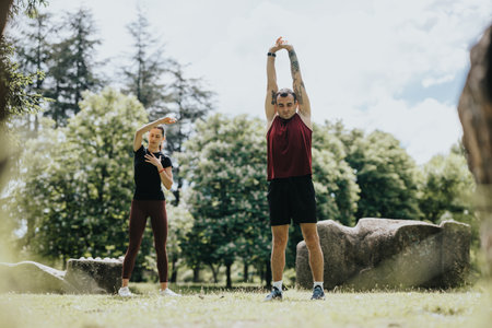 Active couple stretching and exercising in a sunny park settingの写真素材