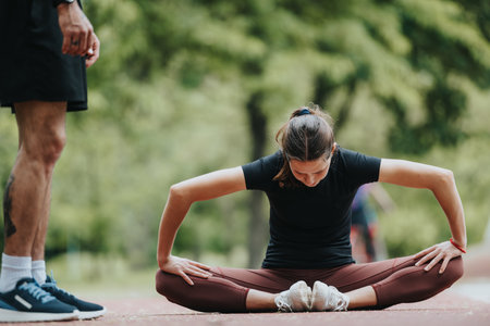 Young woman stretching legs outdoors with male coach guiding herの写真素材