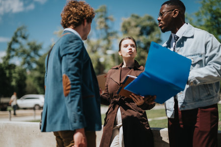 Young business professionals discussing strategy in an urban park settingの写真素材