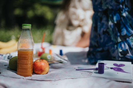 Sisters enjoying a creative painting session in the park during a sunny picnicの写真素材