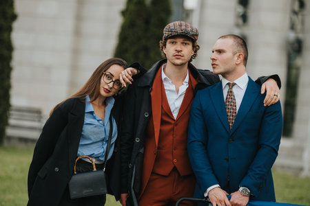 Stylish friends posing together in fashionable business attire outdoorsの写真素材