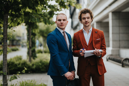 Two businessmen in formal suits discussing business outdoors in a modern urban setting