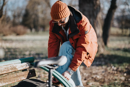 Hipster man in orange jacket adjusting bicycle in the parkの写真素材