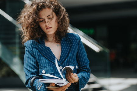 Woman in blue striped suit reading a document outdoors on a sunny day
