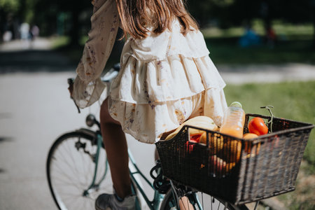 Young girl enjoying a sunny day with a bike ride in the park, fresh groceries in basketの写真素材