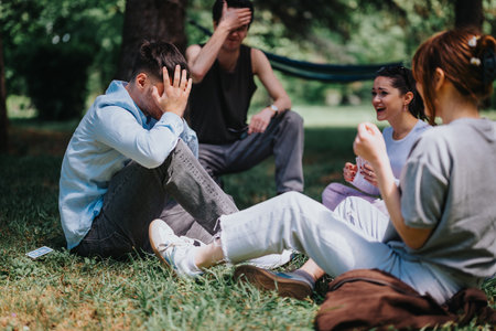Group of young adults in a park, one man feeling upset while friends talkの写真素材