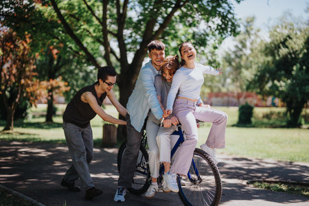 Three friends enjoying a joyful bicycle ride in a sunlit park on a weekend