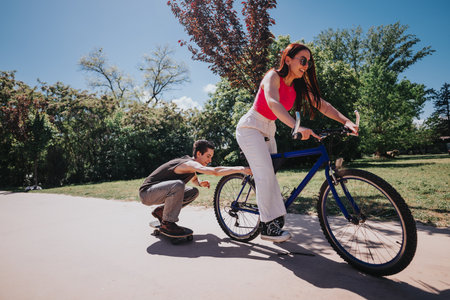 Young friends enjoying a sunny day in the park, woman on bicycle and man on skateboardの写真素材