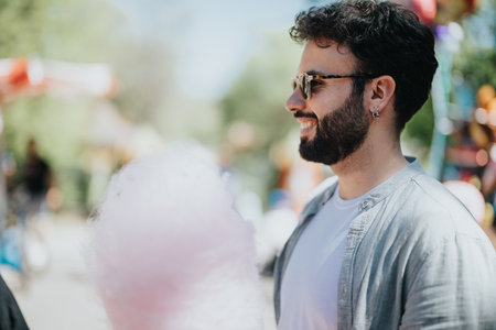 Joyful man with cotton candy enjoying a sunny day in the parkの写真素材
