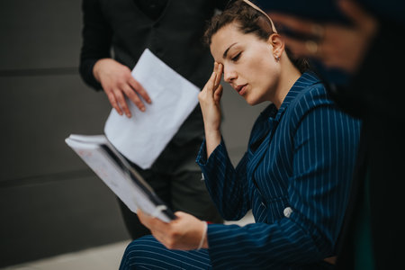 Stressed businesswoman reviewing documents while holding her face in frustrationの写真素材