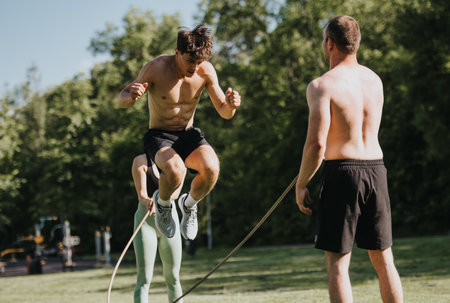 Young men exercising with jump rope in the park on a sunny dayの写真素材