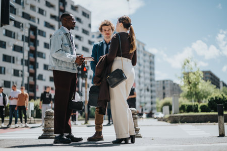Multiracial business team discussing a project during an outdoor meeting in the cityの写真素材