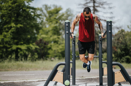 Athletic man exercising on outdoor fitness equipment in a park