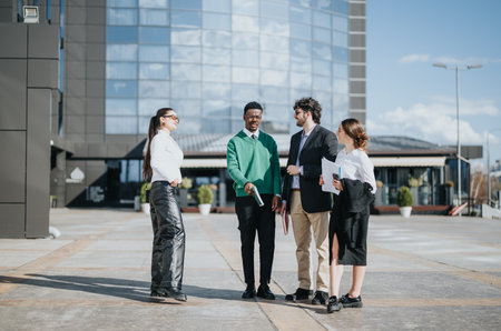 Multicultural business team discussing strategy outside modern officeの写真素材