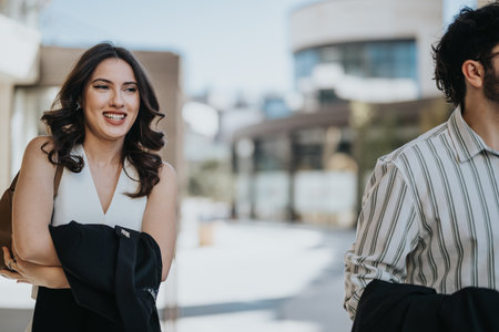Cross-generational business professionals discussing work in an urban settingの写真素材