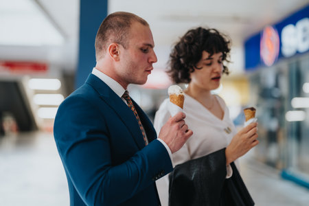 Business colleagues enjoying ice cream together during a break in a mallの写真素材