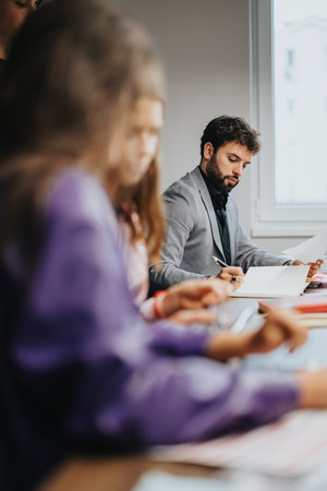 Focused team of professionals engaged in a strategic meeting at a modern office