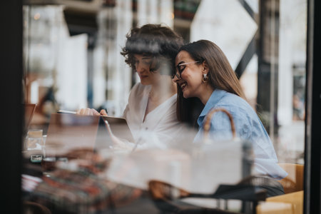 Two businesswomen collaborating on a project in a modern cafe setting