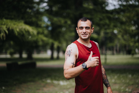 Active man giving thumbs up in the park, showing positive attitude and fitness motivationの写真素材