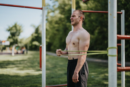 Young man exercising with resistance band in park for strength trainingの写真素材