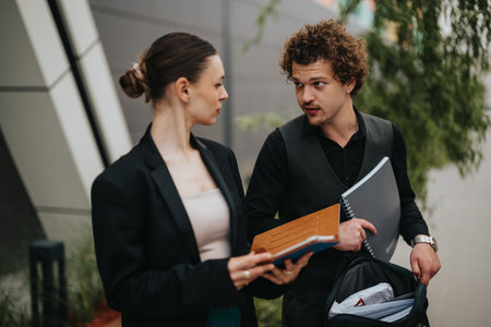 Two business professionals having an outdoor discussion while exchanging notebooks