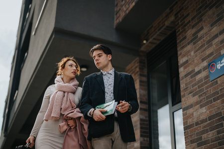 Young business professionals discussing project plans outdoors near modern building