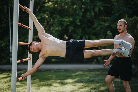 Men practicing calisthenics in nature, performing a flag exercise on outdoor barsの写真素材