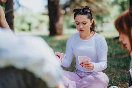 Young friends playing cards in the park on a sunny day, enjoying leisure time togetherの写真素材