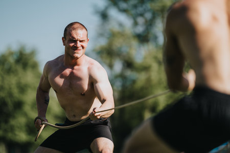 Two shirtless men engaging in an intense outdoor tug of war competition