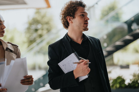 Business man holding a notebook and pen discussing important matters with a colleague outdoors