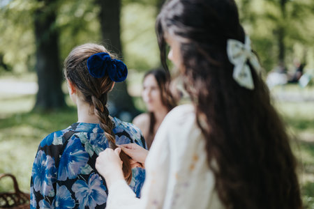 Sisters bonding in a sunny park setting, braiding hair and enjoying the dayの写真素材