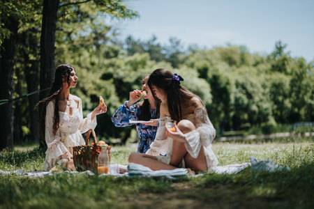 Two young women enjoying a peaceful picnic in a sunny park settingの写真素材