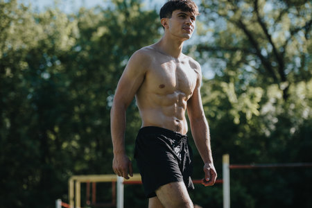 Muscular young man exercising outdoors, showcasing fitness and strength on a sunny dayの写真素材