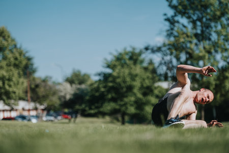 Man exercising outdoors in the park on a sunny dayの写真素材
