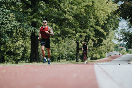 Active man and woman jogging in a lush green park, demonstrating fitness and healthの写真素材