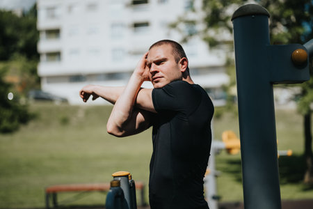 Man stretching in an outdoor park on a sunny day