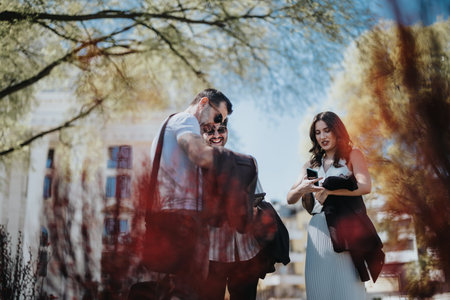 Stylish business partners discuss strategies in an urban outdoor setting on a sunny dayの写真素材